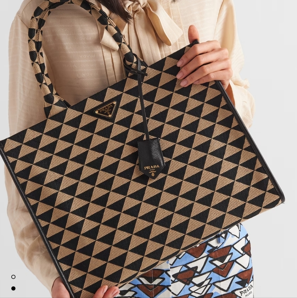 Prada large symbole embroidered fabric handbag